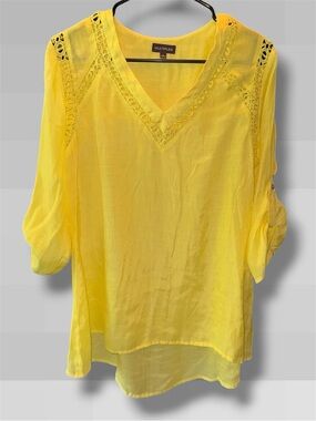 🌺Multiples Bright Yellow V-Neck Embroidery-Inset Blouse